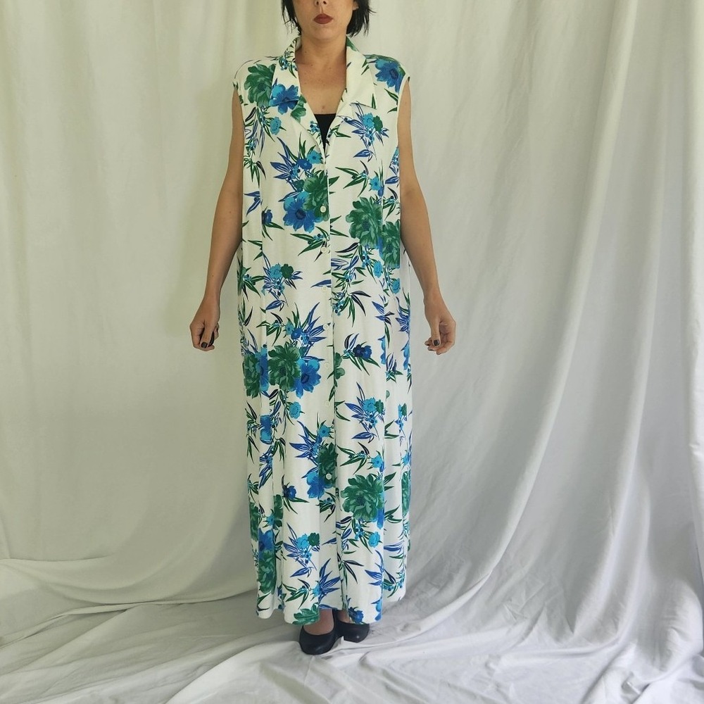 90s/00s White, Blue, and Green Floral Sleeveless Maxi Dress